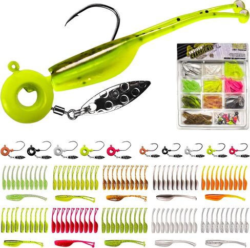 Crappie Lures Jigs Heads Kit, 110 Pcs Underspin Fishing Jig Heads Hooks Lures Swimbait with Crappie Baits Soft Plastic Split Tail Grub Shad Minnow for Freshwater Saltwater Bass Trout Walleye in Kuwait