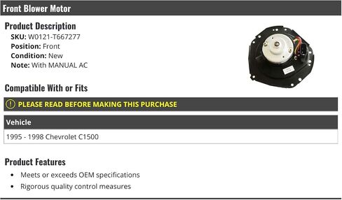 Front Blower Motor - Compatible with 1995-1998 Chevy C1500 with Manual Air Conditioning in Saudi Arabia