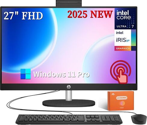 HP 27 All in One Desktop Computer ، 27 "FHD Touchscreen ، Intel Ultra 7 155U ، 64 GB DDR5 ، 4 TB SSD ، Intel Irisx Graphics ، Andable Angle ، Wi-Fi 6 ، Windows 11 Pro ، ترخيص عمر المكتب مع الإكسسوارات in Kuwait