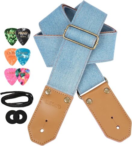 LEKATO Guitar Strap with Cowhide Leather Ends Western Denim Straps for Acoustic Electric Bass Guitar Includes 6 Picks & Strap Locks & Headstock Tie Best Gift for Men Women Guitarists And Musicians in Kuwait