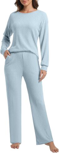 2 Piece Lounge Pajamas for Women Set Casual Ribbed Long Sleeve Fall Outfit Matching Sets Pj Sleepwear with Pockets in Saudi Arabia