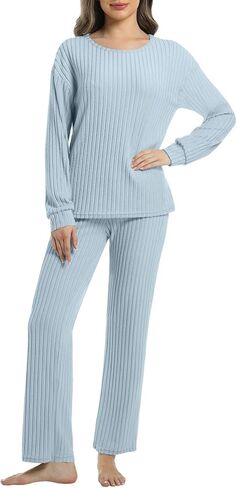 2 Piece Lounge Pajamas for Women Set Casual Ribbed Long Sleeve Fall Outfit Matching Sets Pj Sleepwear with Pockets in Saudi Arabia