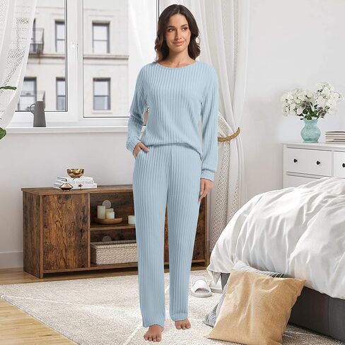 2 Piece Lounge Pajamas for Women Set Casual Ribbed Long Sleeve Fall Outfit Matching Sets Pj Sleepwear with Pockets in Saudi Arabia