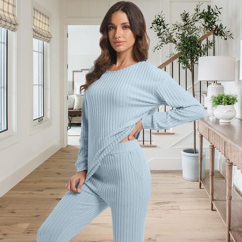 2 Piece Lounge Pajamas for Women Set Casual Ribbed Long Sleeve Fall Outfit Matching Sets Pj Sleepwear with Pockets in Saudi Arabia