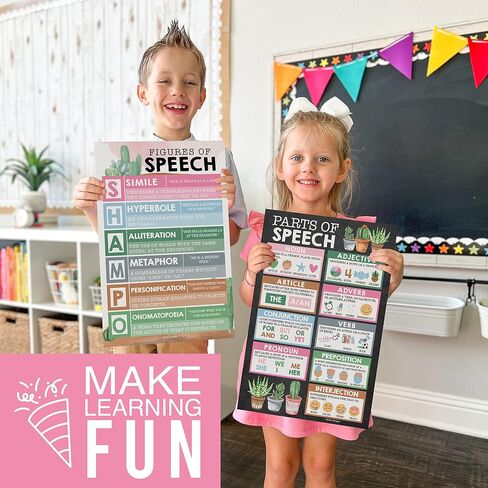 Parts of Speech Posters for Classroom – 4 Laminated Grammar Posters – Writing Process, Punctuation, Nouns Verbs Adjectives Charts – ELA Classroom Decor for Elementary & Middle School – Farmhouse Theme in Saudi Arabia