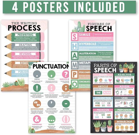 Parts of Speech Posters for Classroom – 4 Laminated Grammar Posters – Writing Process, Punctuation, Nouns Verbs Adjectives Charts – ELA Classroom Decor for Elementary & Middle School – Farmhouse Theme in Saudi Arabia