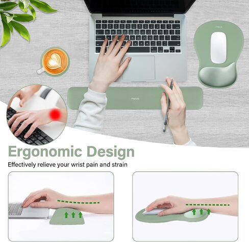 MOSISO Wrist Rest Support for Mouse Pad&Keyboard Set,Ergonomic Mousepad&Coaster,Non-Slip Base Home/Office Pain Relief&Rectangular Easy Typing Cushion with Soft Cloth&Curved Concave Memory Foam,Green in Saudi Arabia