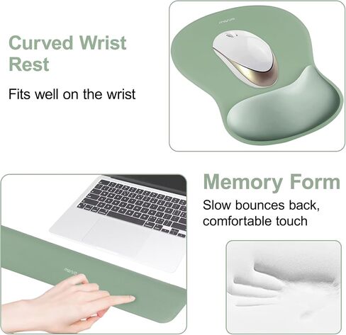 MOSISO Wrist Rest Support for Mouse Pad&Keyboard Set,Ergonomic Mousepad&Coaster,Non-Slip Base Home/Office Pain Relief&Rectangular Easy Typing Cushion with Soft Cloth&Curved Concave Memory Foam,Green in Saudi Arabia