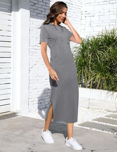 BeautyNee Women's Casual Short Sleeve Slim Pullover Maxi Hoodie Dress Sweatshirt Long Dresses with Pockets in Saudi Arabia
