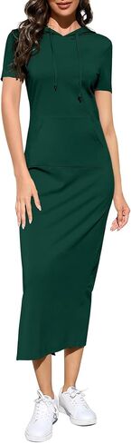 BeautyNee Women's Casual Short Sleeve Slim Pullover Maxi Hoodie Dress Sweatshirt Long Dresses with Pockets in Saudi Arabia