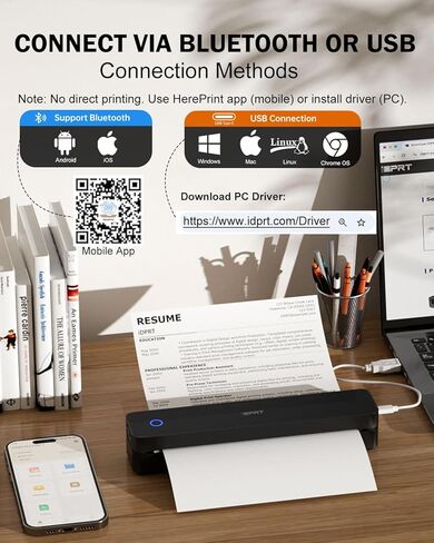 تدعم طابعات IDPRT Portable Protable Travel ، 300DPI Pluetooth Thermal Printers 8.5 "X11" US Letter و A4 و Inkless Print in Kuwait