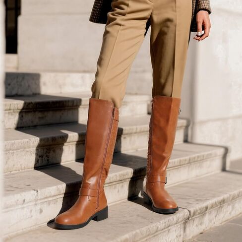 DREAM PAIRS Women's Knee High Riding Boots | Comfortable Chunky Block Heel Round Toe Side Zipper Fashion Buckles Biker Motorcycle Boots in Saudi Arabia