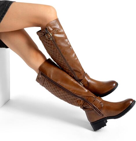 DREAM PAIRS Women's Knee High Boots Low Block Heel Riding Boots Round Toe Side Zipper Biker Motorcycle Buckle Boots in Saudi Arabia