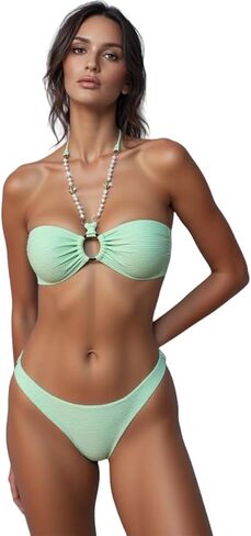 SISKIN Bikini Sets for Women, High Waisted Bandeau Ring Linked Bathing Suit Ruched Burst Halter Textured Two Piece Swimsuits in Saudi Arabia
