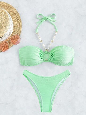 SISKIN Bikini Sets for Women, High Waisted Bandeau Ring Linked Bathing Suit Ruched Burst Halter Textured Two Piece Swimsuits in Saudi Arabia