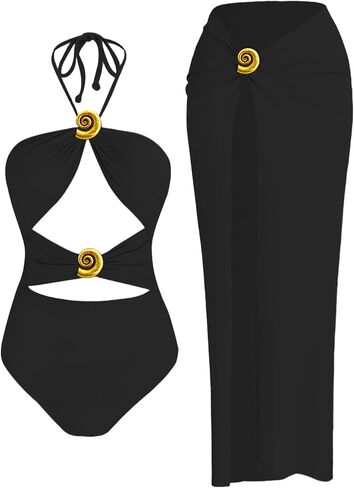 Bandeau Swimsuits for Women 2025 One Piece Swimwear with Coverup Skirt Conch Bathing Suit Swim Outfits Vacation Wear in Kuwait