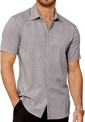 Mens Button Down Short Sleeve Shirt Linen Textured Summer Casual Shirts Beach Vacation Wedding Tops Wrinkle Free in Saudi Arabia