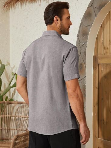 Mens Button Down Short Sleeve Shirt Linen Textured Summer Casual Shirts Beach Vacation Wedding Tops Wrinkle Free in Saudi Arabia