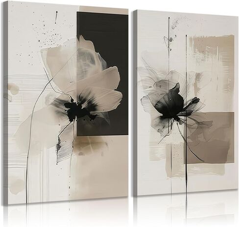 2Pcs Framed Neutral Abstract Canvas Wall Art Floral Pictures Modern Minimalist Posters Prints Beige Black Flower Wall Decoration for Living Room Bedroom Bathroom Office 16x24in in Saudi Arabia