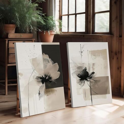 2Pcs Framed Neutral Abstract Canvas Wall Art Floral Pictures Modern Minimalist Posters Prints Beige Black Flower Wall Decoration for Living Room Bedroom Bathroom Office 16x24in in Saudi Arabia