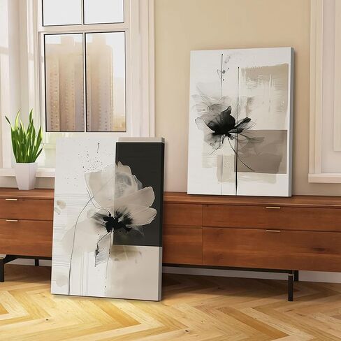 2Pcs Framed Neutral Abstract Canvas Wall Art Floral Pictures Modern Minimalist Posters Prints Beige Black Flower Wall Decoration for Living Room Bedroom Bathroom Office 16x24in in Saudi Arabia