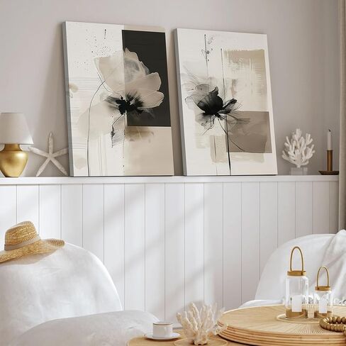 2Pcs Framed Neutral Abstract Canvas Wall Art Floral Pictures Modern Minimalist Posters Prints Beige Black Flower Wall Decoration for Living Room Bedroom Bathroom Office 16x24in in Saudi Arabia