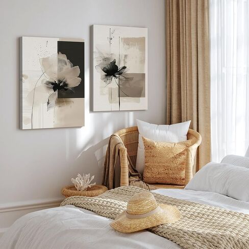 2Pcs Framed Neutral Abstract Canvas Wall Art Floral Pictures Modern Minimalist Posters Prints Beige Black Flower Wall Decoration for Living Room Bedroom Bathroom Office 16x24in in Saudi Arabia
