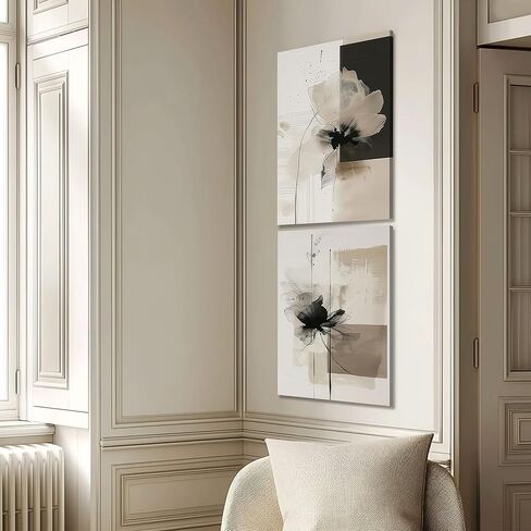 2Pcs Framed Neutral Abstract Canvas Wall Art Floral Pictures Modern Minimalist Posters Prints Beige Black Flower Wall Decoration for Living Room Bedroom Bathroom Office 16x24in in Saudi Arabia