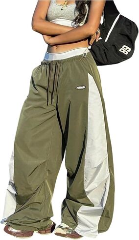 Women's Y2K Baggy Pants Wide Leg Parachute Track Pants Elastic Waist Striped Color Block Sweatpants with Pocket in Saudi Arabia