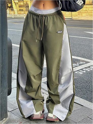 Women's Y2K Baggy Pants Wide Leg Parachute Track Pants Elastic Waist Striped Color Block Sweatpants with Pocket in Saudi Arabia