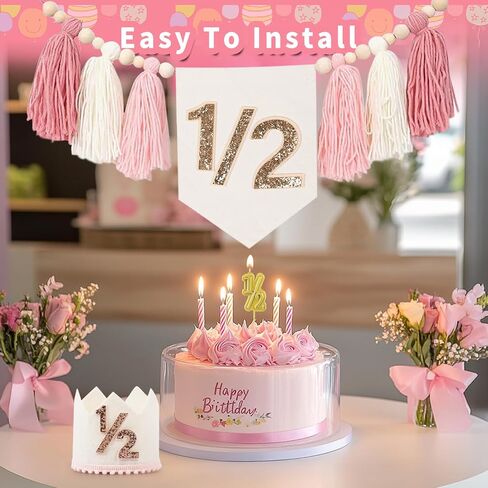 1/2 Birthday Boy Half Birthday Decorations High Chair Banner, 6 Month Girl Tassel Wood Bead Highchair Garland Blue in Saudi Arabia