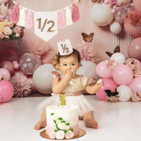 1/2 Birthday Boy Half Birthday Decorations High Chair Banner, 6 Month Girl Tassel Wood Bead Highchair Garland Blue in Saudi Arabia