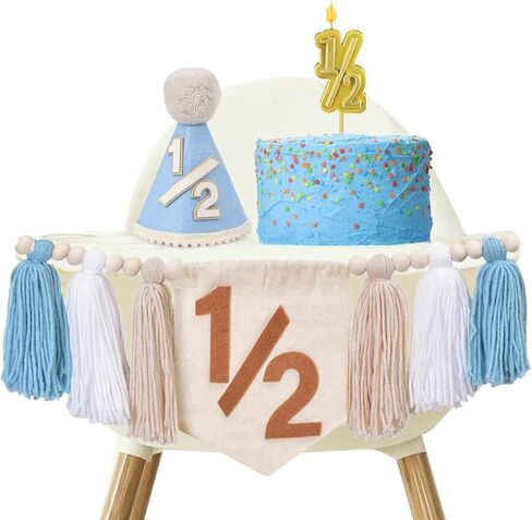 1/2 Birthday Boy Half Birthday Decorations High Chair Banner, 6 Month Girl Tassel Wood Bead Highchair Garland Blue in Saudi Arabia