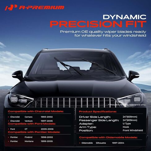A-Premium Pack of 2 Windshield Wiper Blades with Wear Indicator & Towel - Compatible with Chevy Camaro, Venture & Ford GT & Oldsmobile Silhouette & Pontiac Firebird - 24" and 24", Hook Connector in Saudi Arabia