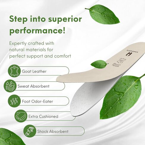 HANDARTE Leather Orthopedic Insoles | Padded Comfort Shoe Inserts for Men/Women | 100% Natural Goatskin - ChromeFree, Anti Sweat & Anti-Odor - Suitable for No-Socks (US W10/M8.5 | EU42) in Saudi Arabia
