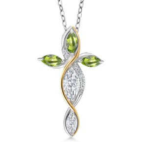 Gem Stone King Cross Necklace For Women In 925 Silver and 10K Yellow Gold with White Moissanite and Green Peridot | 1.37 Cttw | Jesus Christian Religious Crucifix | Marquise 8X4MM | With 18 Inch Chain in Saudi Arabia