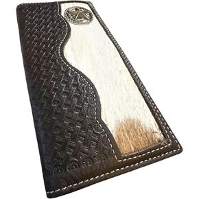 Men’s Long Leather Wallet – Hair-On Cowhide with Lone Star Concho and Hand Tooled Basketweave Design – Western Cowboy Rodeo Bifold for Texas Ranchers & Gift Ideas in Saudi Arabia