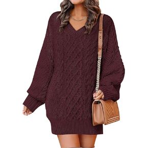 ANRABESS Womens Long Sleeve V Neck Oversized Cable Knit Mini Sweater Dresses 2025 Fall Trendy Baggy Pullover Tunic Outfits in Kuwait