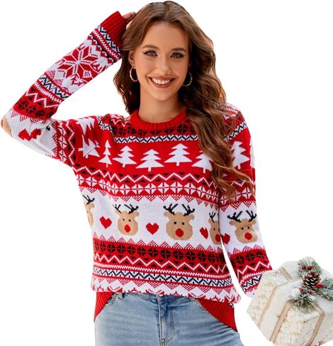 Women's Fall Winter Xmas Sweaters Long Sleeve Round Neck Knitted Sweater Chunky Pullover Top Loose Fit in Kuwait