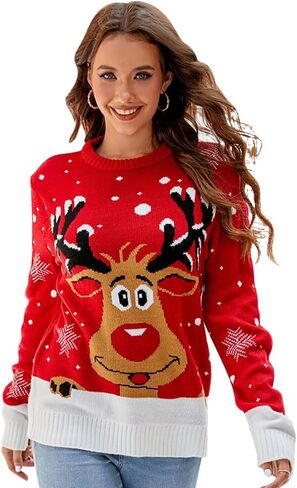 Women's Fall Winter Xmas Sweaters Long Sleeve Round Neck Knitted Sweater Chunky Pullover Top Loose Fit in Kuwait