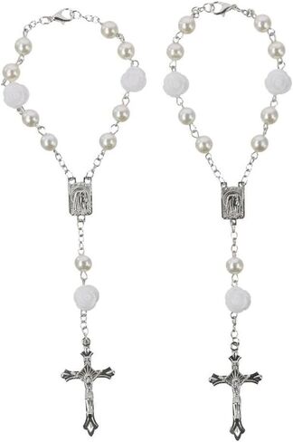 BYOBYO 2Pcs Car Rosary Mirror Rearview, Rose Beads Cross Hanging Accessories Mirror Interior Decors Car Accessories Parts for Car, Automotive, Vehicle(White) in Saudi Arabia