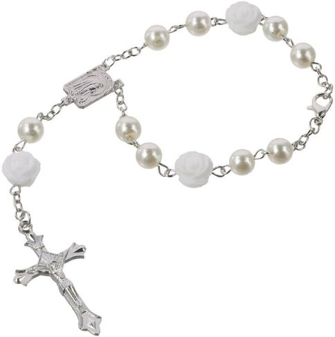 BYOBYO 2Pcs Car Rosary Mirror Rearview, Rose Beads Cross Hanging Accessories Mirror Interior Decors Car Accessories Parts for Car, Automotive, Vehicle(White) in Saudi Arabia