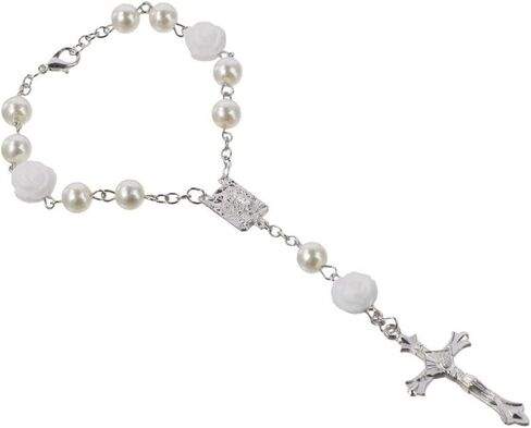 BYOBYO 2Pcs Car Rosary Mirror Rearview, Rose Beads Cross Hanging Accessories Mirror Interior Decors Car Accessories Parts for Car, Automotive, Vehicle(White) in Saudi Arabia