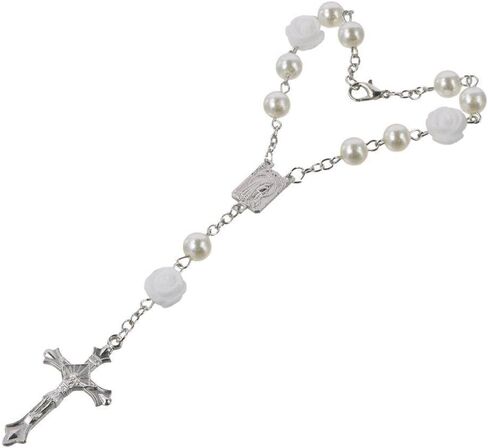 BYOBYO 2Pcs Car Rosary Mirror Rearview, Rose Beads Cross Hanging Accessories Mirror Interior Decors Car Accessories Parts for Car, Automotive, Vehicle(White) in Saudi Arabia