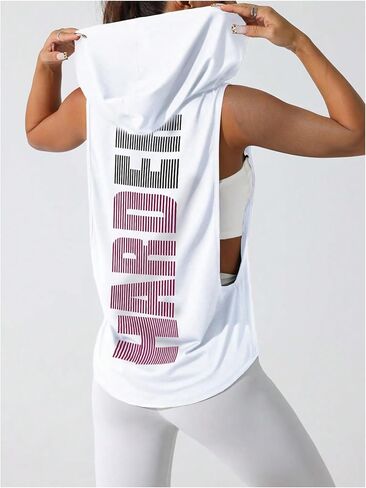 SweatyRocks Women's Low Cut Workout Hooded Tank Top Letter Graphic Sleeveless Hoodie Athletic Tanks Tops in Saudi Arabia