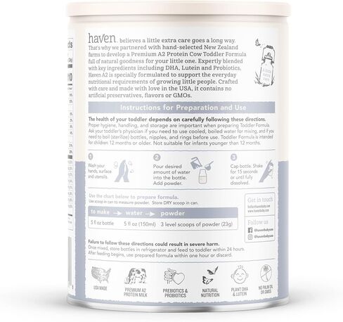 Haven A2 Toddler Formula | 1 to 3 Years | Premium New Zealand Grass-fed A2/A2 Protein Cow Milk Toddler Formula | Wholesome Goodness | Gentle on Tiny Tummies | Immune Support | Prebiotics, Probiotics, DHA, Lutein | Non GMO | No Palm Oil | 14.1 oz in Kuwait