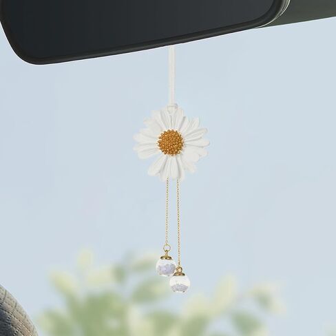 Daisy Car Hanging Ornament, Cute Automotive Rear View Mirror Charm, Lovely Flower Pendant for Car Interior Accessories, Aesthetic Decoration Present for Women Girls (White) in Saudi Arabia