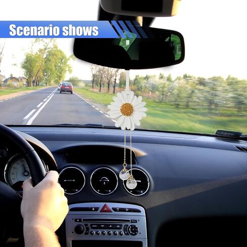 Daisy Car Hanging Ornament, Cute Automotive Rear View Mirror Charm, Lovely Flower Pendant for Car Interior Accessories, Aesthetic Decoration Present for Women Girls (White) in Saudi Arabia