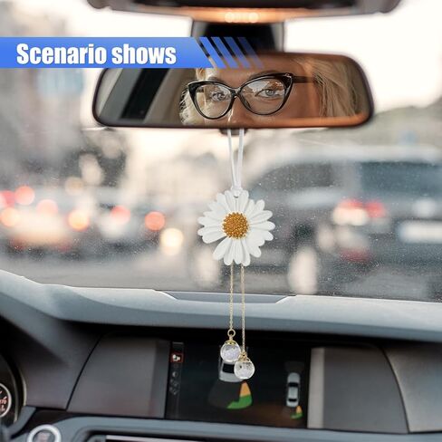 Daisy Car Hanging Ornament, Cute Automotive Rear View Mirror Charm, Lovely Flower Pendant for Car Interior Accessories, Aesthetic Decoration Present for Women Girls (White) in Saudi Arabia