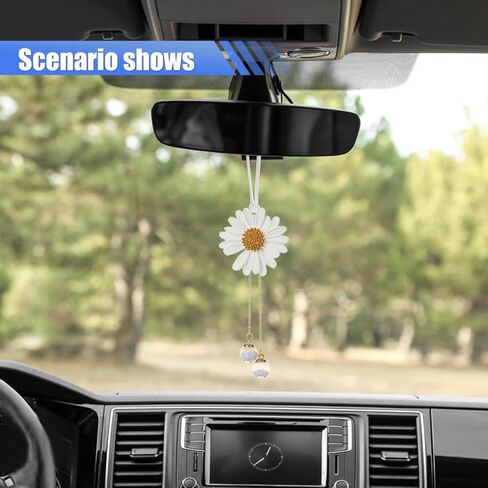 Daisy Car Hanging Ornament, Cute Automotive Rear View Mirror Charm, Lovely Flower Pendant for Car Interior Accessories, Aesthetic Decoration Present for Women Girls (White) in Saudi Arabia